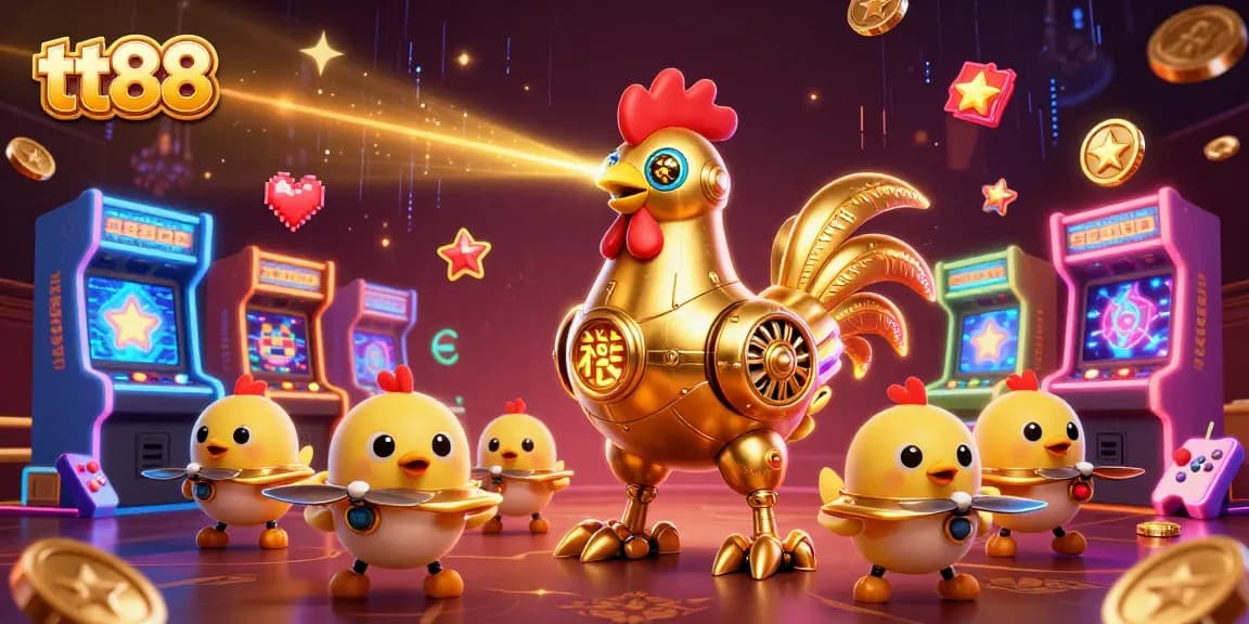 Experience thrilling gaming with tt88's golden rooster robot blasting beams amidst vibrant arcade games.