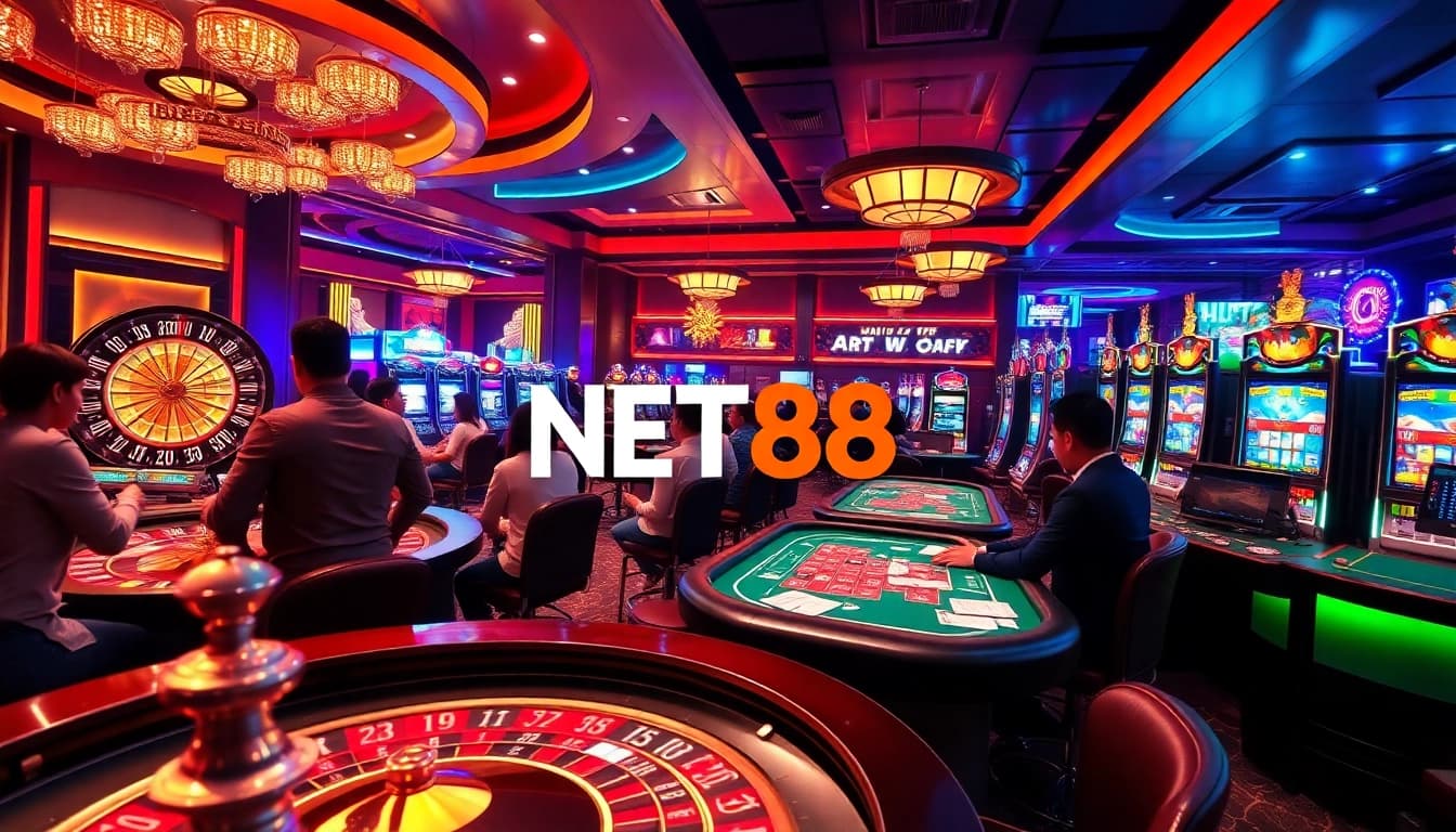 Players enjoying their gaming experience at NET88 casino with roulette and poker tables.