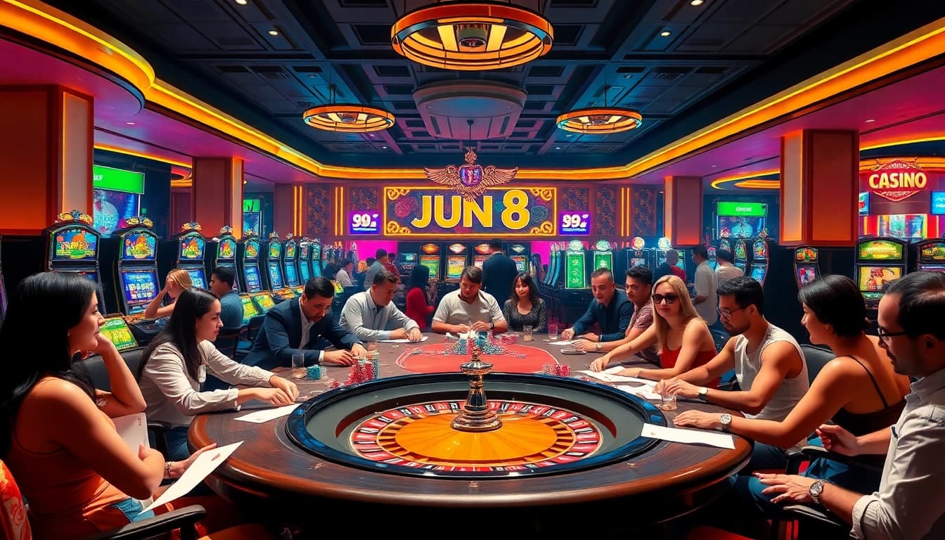 Players enjoying a thrilling gaming experience at Jun 88 casino, showcasing excitement and luxury.