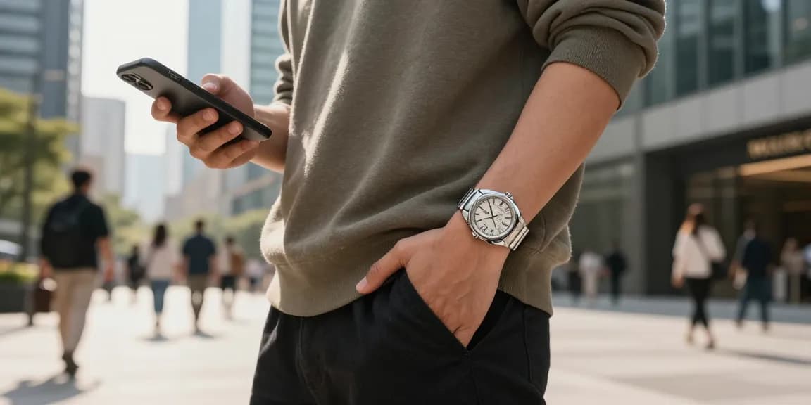 Replica watches elegantly displayed on a stylish individual in an urban setting, showcasing luxury and sophistication.
