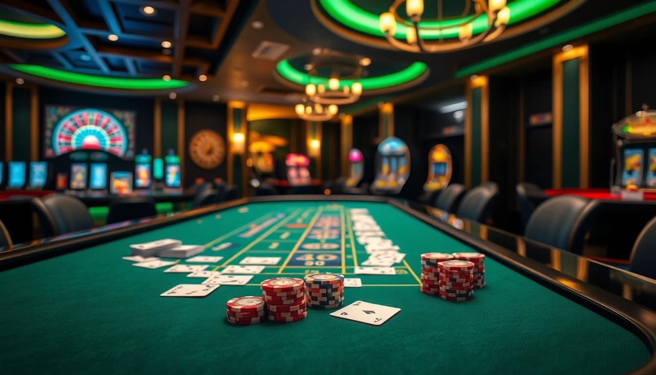 Experience the thrill of gambling at 888b with dynamic casino tables, cards, and vibrant surroundings.