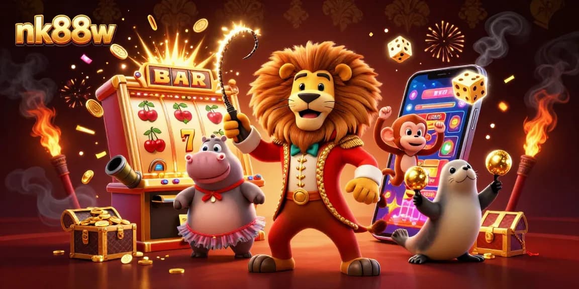 Experience the thrill of nk88w with dynamic game elements exploding in a vibrant casino illustration.