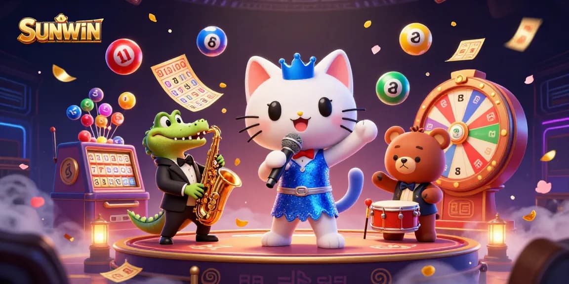 Win big with SUNWIN in a vibrant casino scene featuring lively cartoon characters.