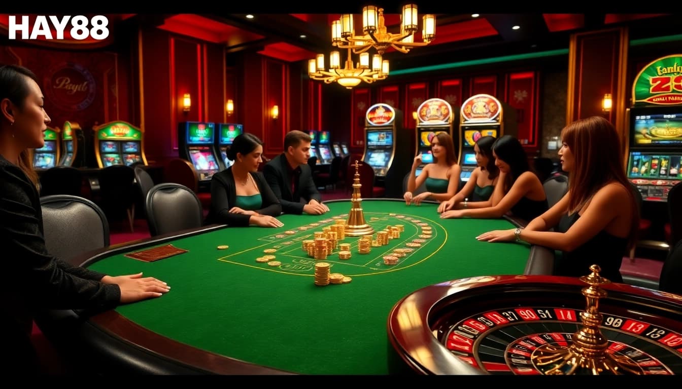Experience thrilling gameplay at HAY88 casino with vibrant poker tables and dynamic slot machines.