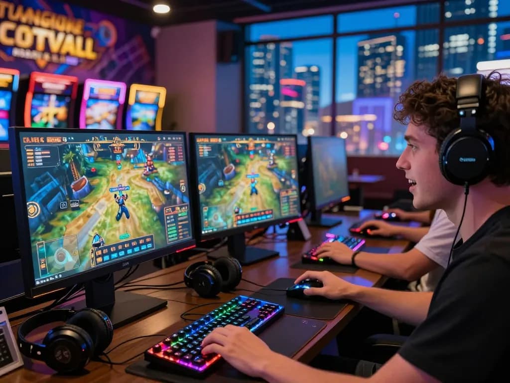Engaged player at Hitclub online casino, showcasing vibrant gaming setup with dual monitors and colorful accessories.