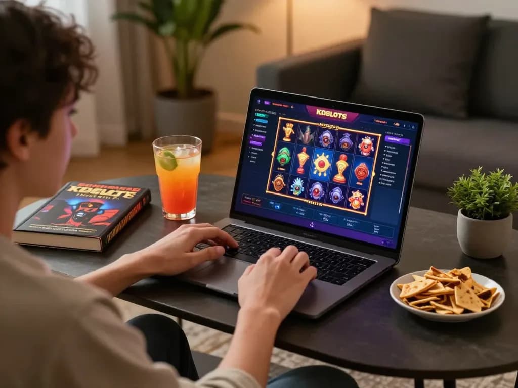 KDSlots gaming setup with user playing on laptop, showcasing engaging online slots experience.