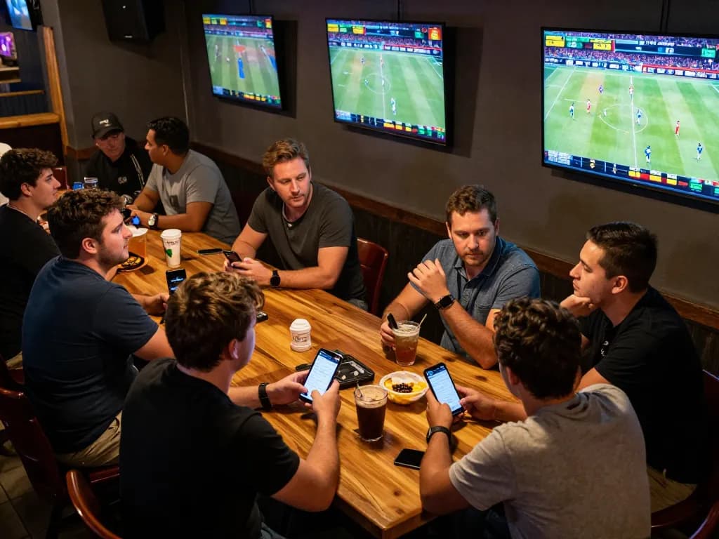 Fans placing bets on sports with keo nha cai 5 visible on screens, capturing an energetic sports betting environment.
