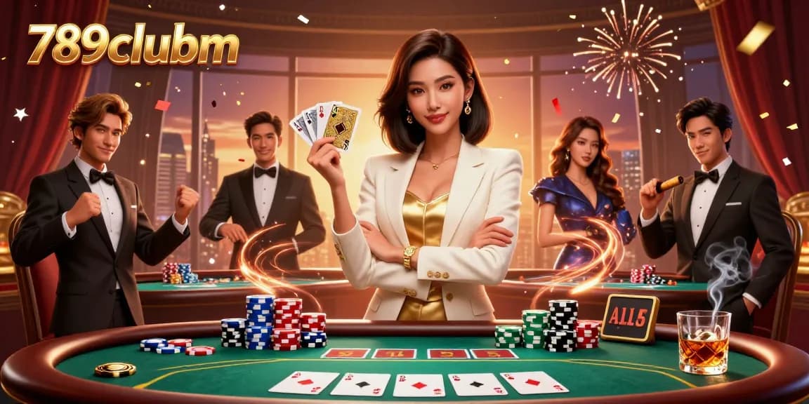 Experience thrilling gameplay at 789clubm, featuring a glamorous woman holding poker cards amidst vibrant casino elements.