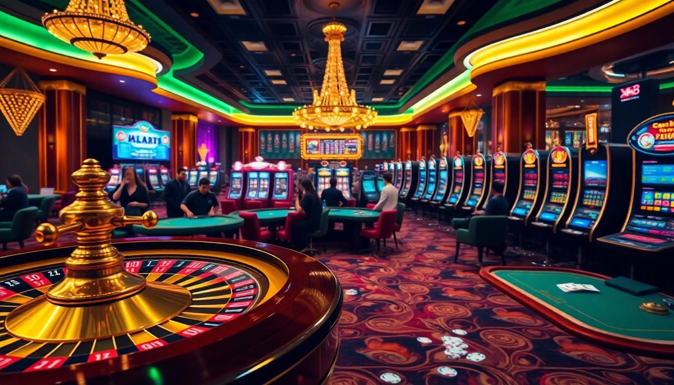 Gamblers enjoying games at Xin88's luxurious casino, featuring vibrant tables and machines.