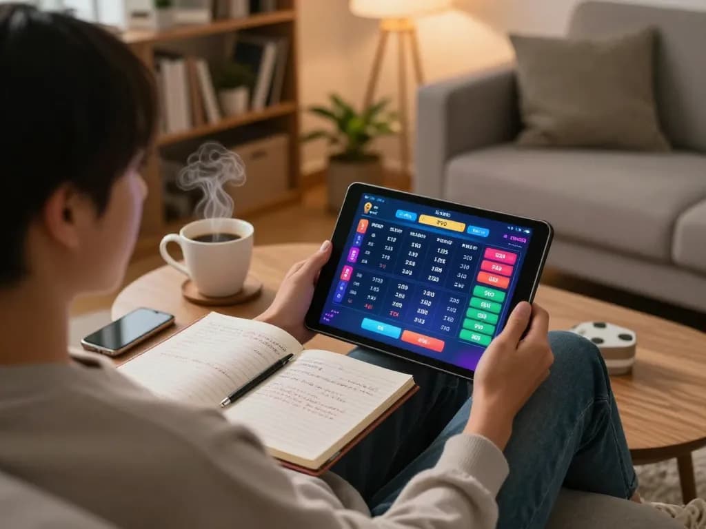 Lô Đề Online gaming on tablet with strategic notes and a relaxed home setting.