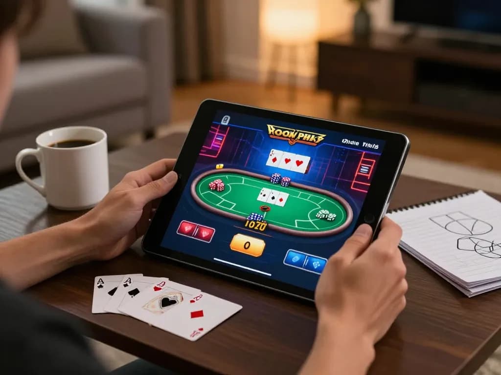 Engaged player using 33win app for poker strategy in a cozy home environment
