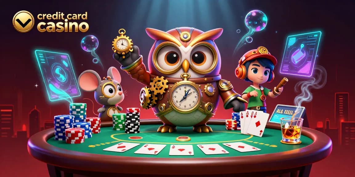 Engage in thrilling gameplay at a credit card casino with a time-traveler owl and poker elements.