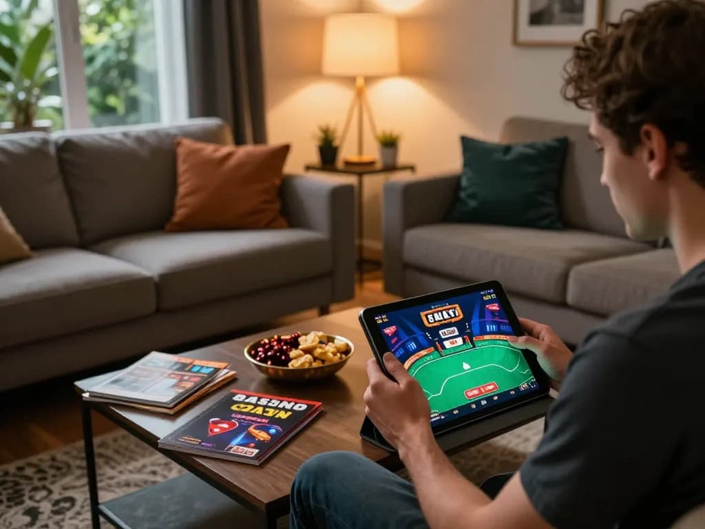 Player enjoying the 8day app on a tablet in a cozy living room, showcasing dynamic online gaming.