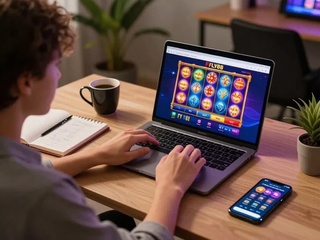 Engaging with FLY88 online casino while spinning colorful slots on a laptop in a cozy setting.