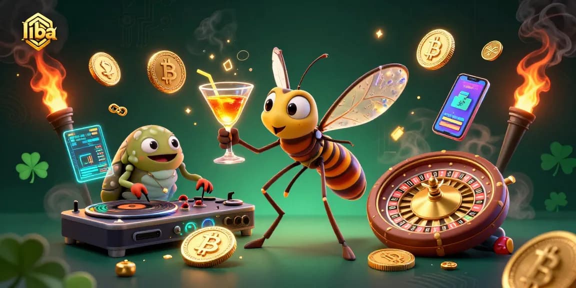 Experience the vibrant atmosphere of liba's credit card casinos featuring animated characters and crypto elements.