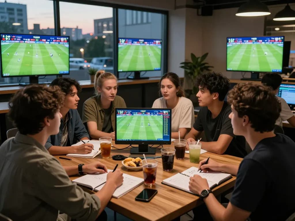 Excited friends analyzing tỷ lệ kèo bóng đá in a lively sports lounge.