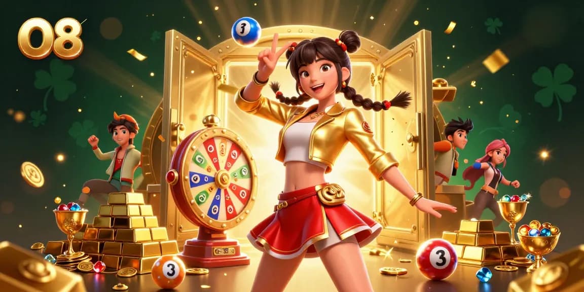 Experience the thrill of O8 gaming with a smiling Asian woman surrounded by colorful lottery balls and prizes.