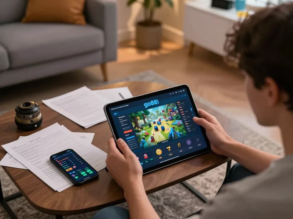 Engaging user enjoying go 88 mobile gaming in a cozy setting, surrounded by strategy notes and a smartphone.