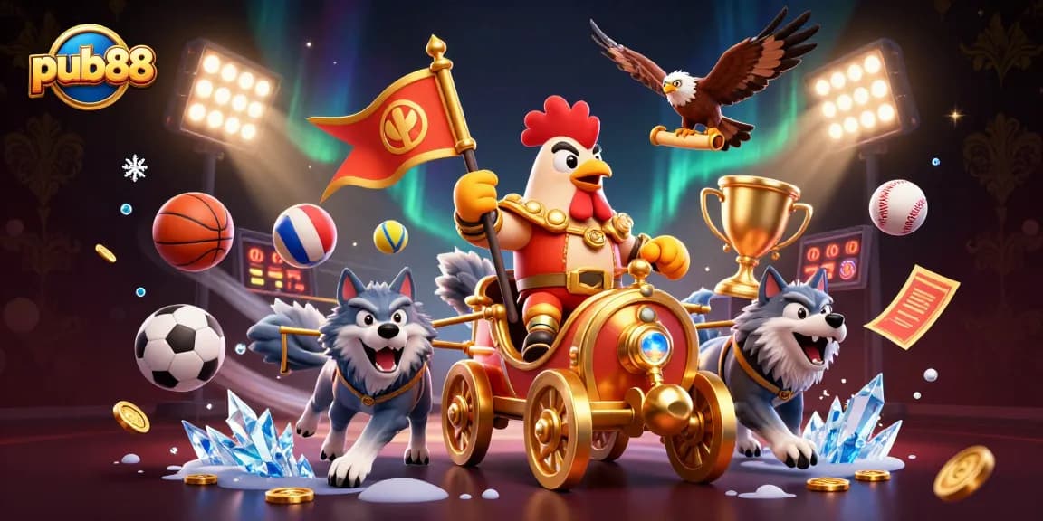 Experience the thrill of pub88 with a rooster warlord riding in a golden chariot, amidst dynamic sports betting elements.