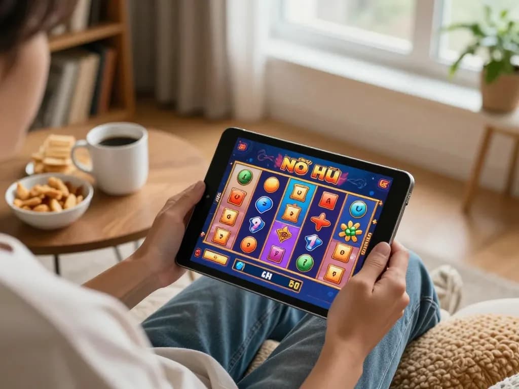Nổ hũ gameplay showcased on a tablet in a cozy home environment, demonstrating a casual gaming experience.