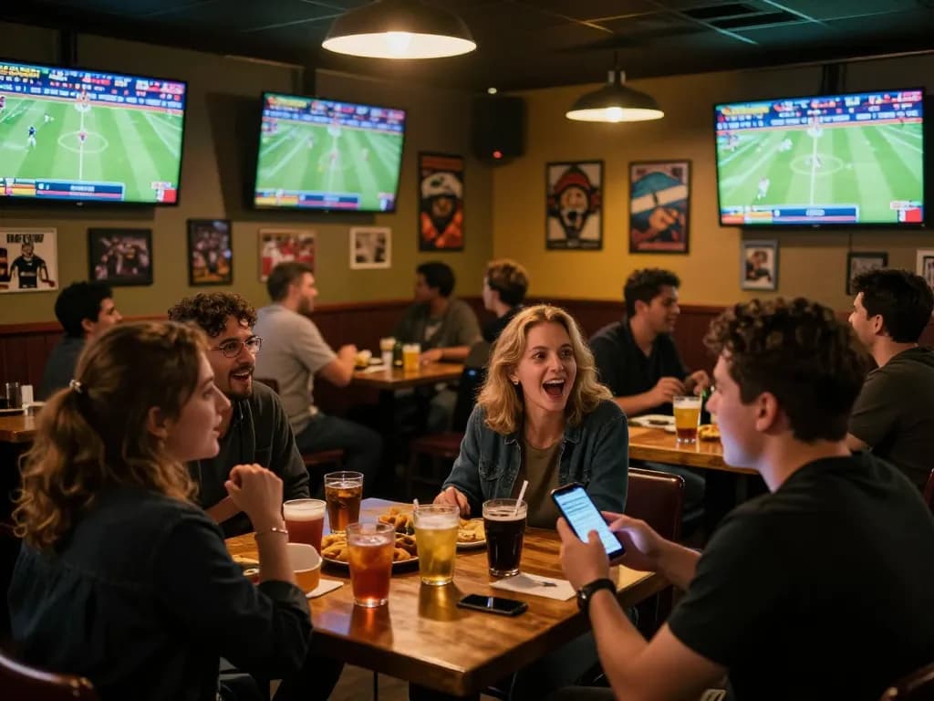 Patron engaging with 999bet mobile app while watching live sports at a bustling bar.