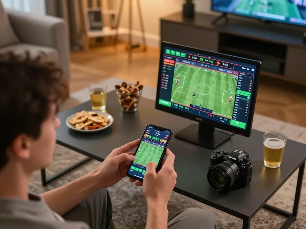 Betting enthusiast analyzing live sports odds on smartphone, showcasing excitement for 78wim gaming