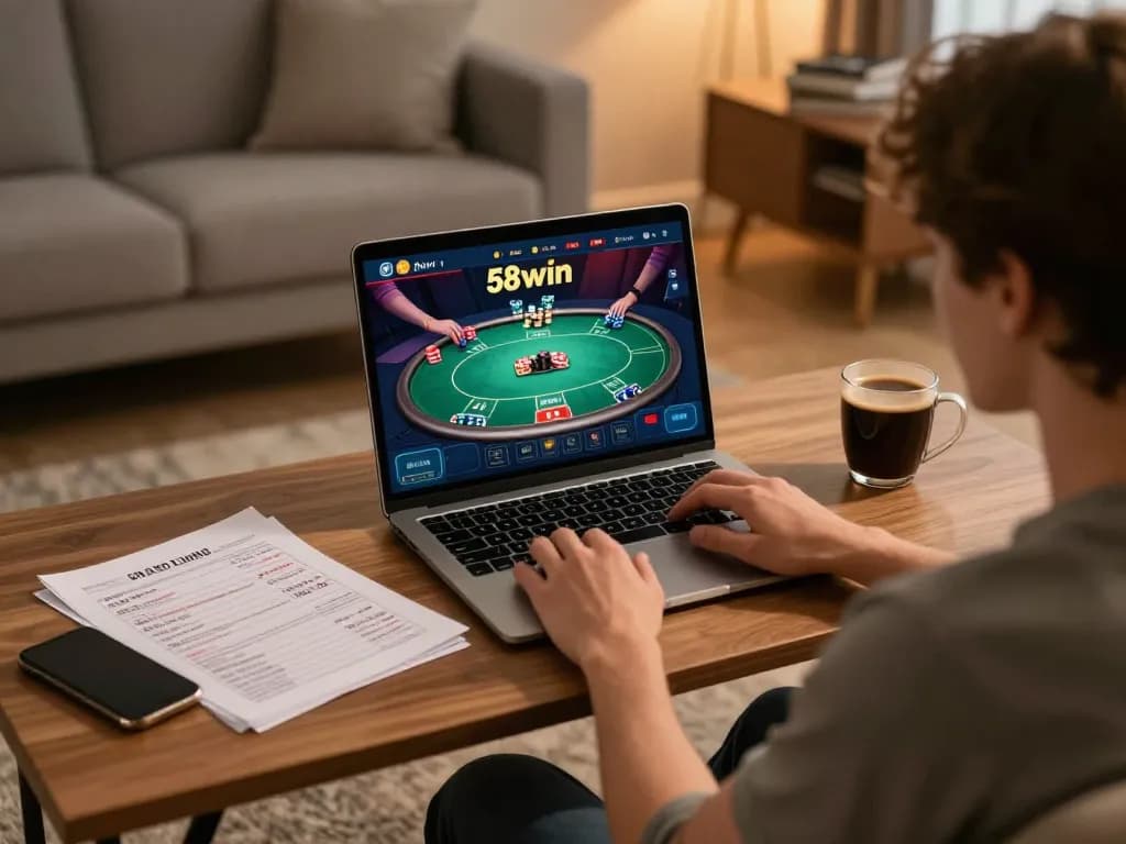 Engaging online player strategizing in poker with 58win gaming interface.