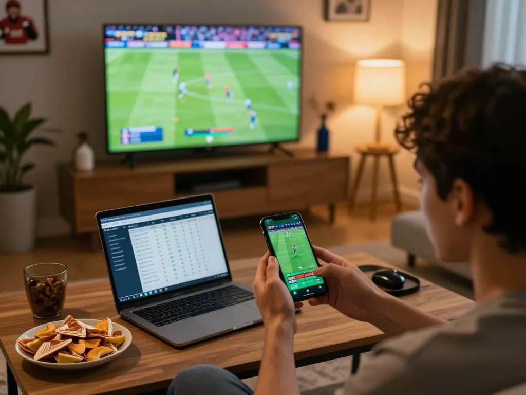 Engaging sports betting moment at home with keobongda mobile app action, live match on TV, and strategic setup.