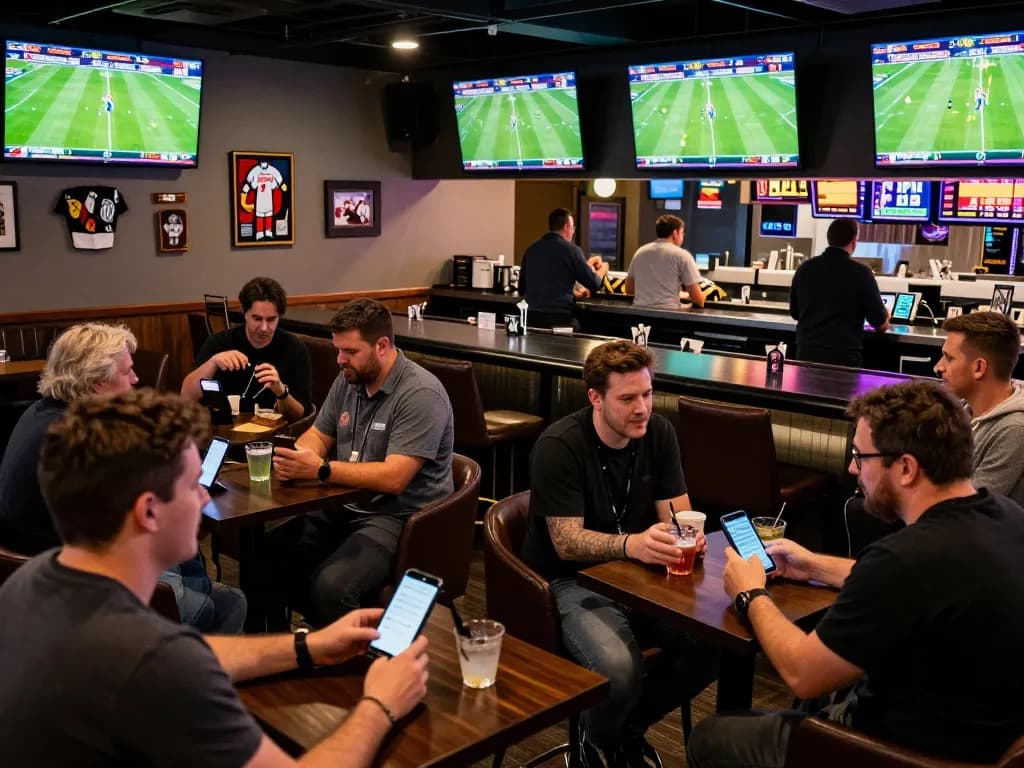 Bsport users enjoying sports betting in an energetic lounge setting, analyzing odds and discussing strategies.