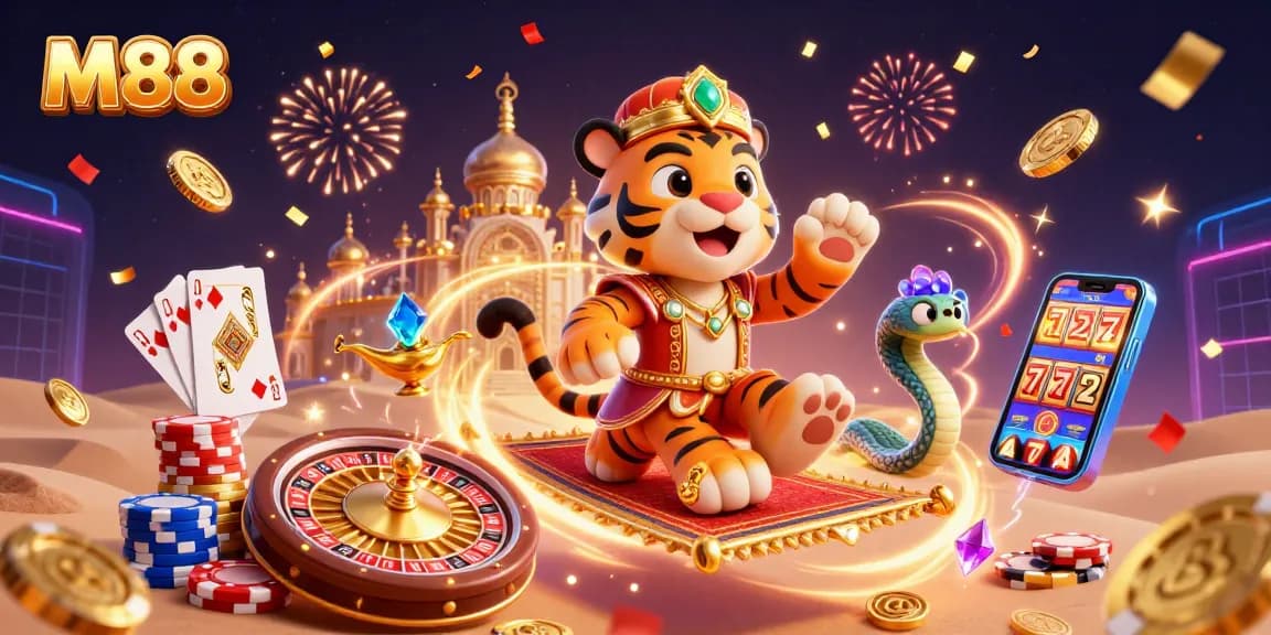 Win big at M88 with vibrant 3D casino scenes filled with gold coins and classic card games.