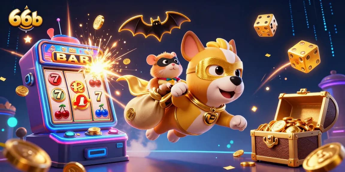 Experience thrilling wins with 66b in a vibrant casino scene featuring superheroes and jackpots.