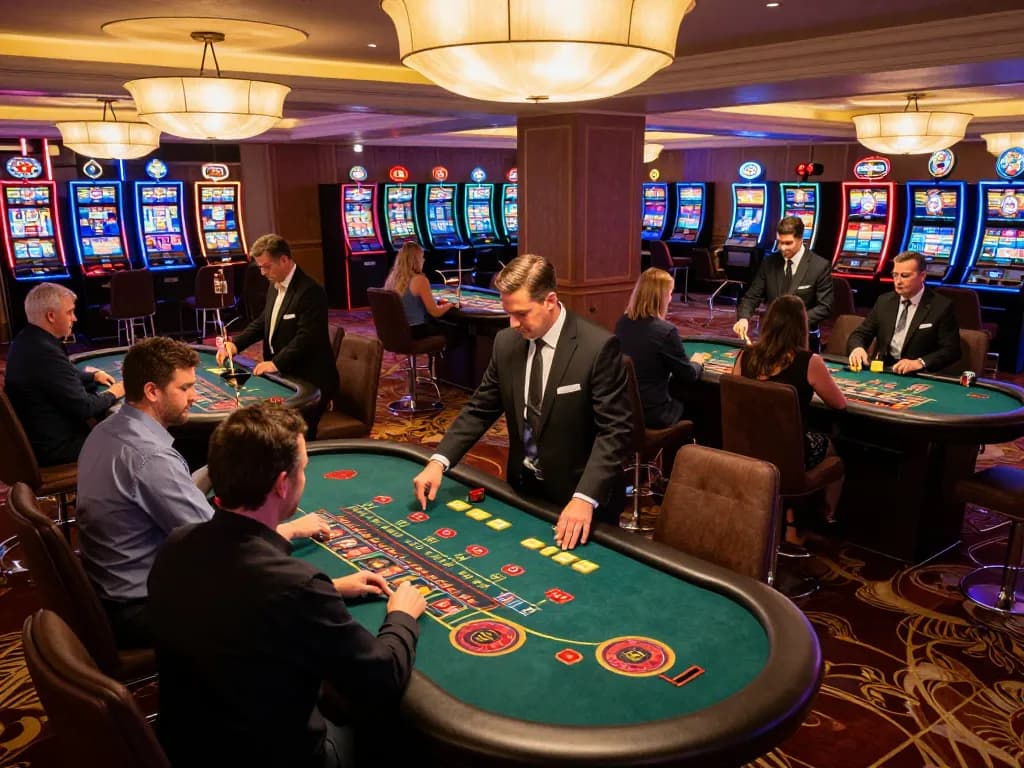 Engaging gameplay at BJ88 casino, showcasing players at various tables and vibrant slot machines.