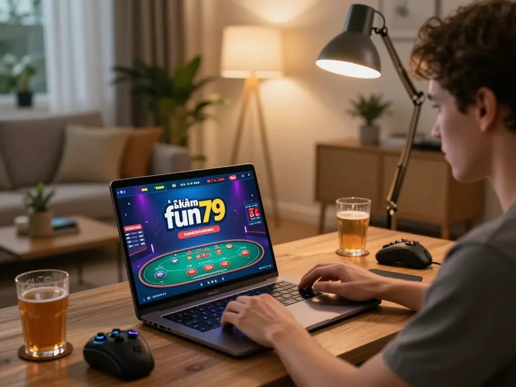 Engaging in khuyến mãi fun79 while enjoying a live casino game on a laptop in a cozy home setting