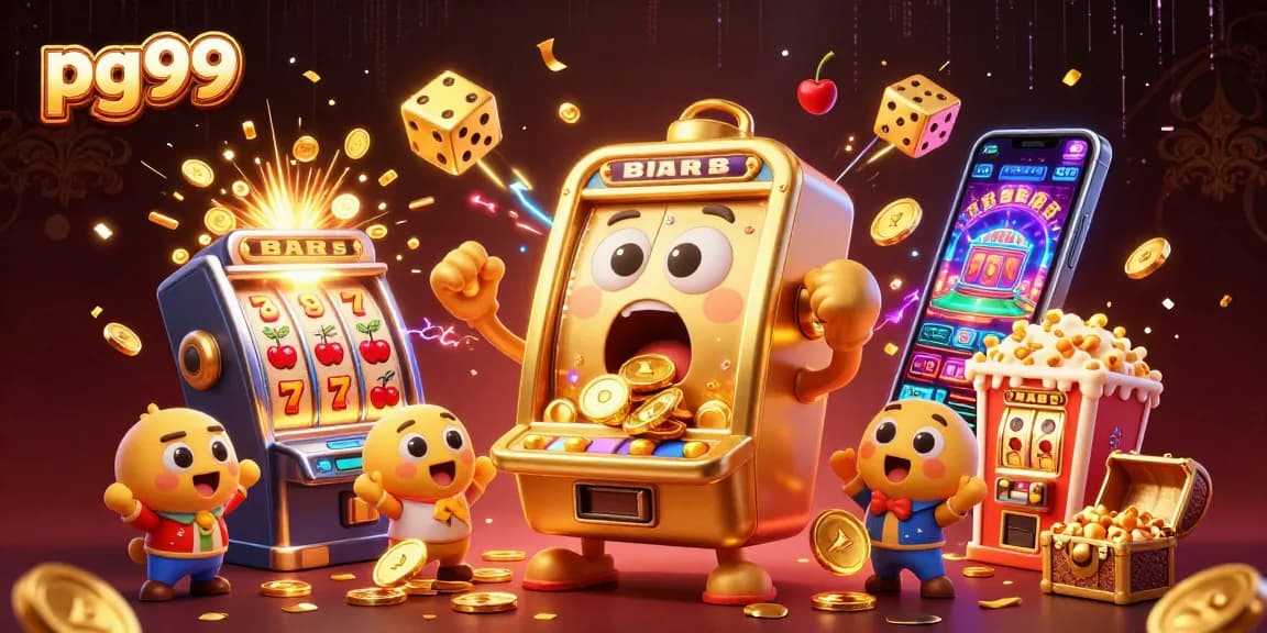 Experience the excitement of pg99 as the slot machine wins big, with coins flying and cheering machines.