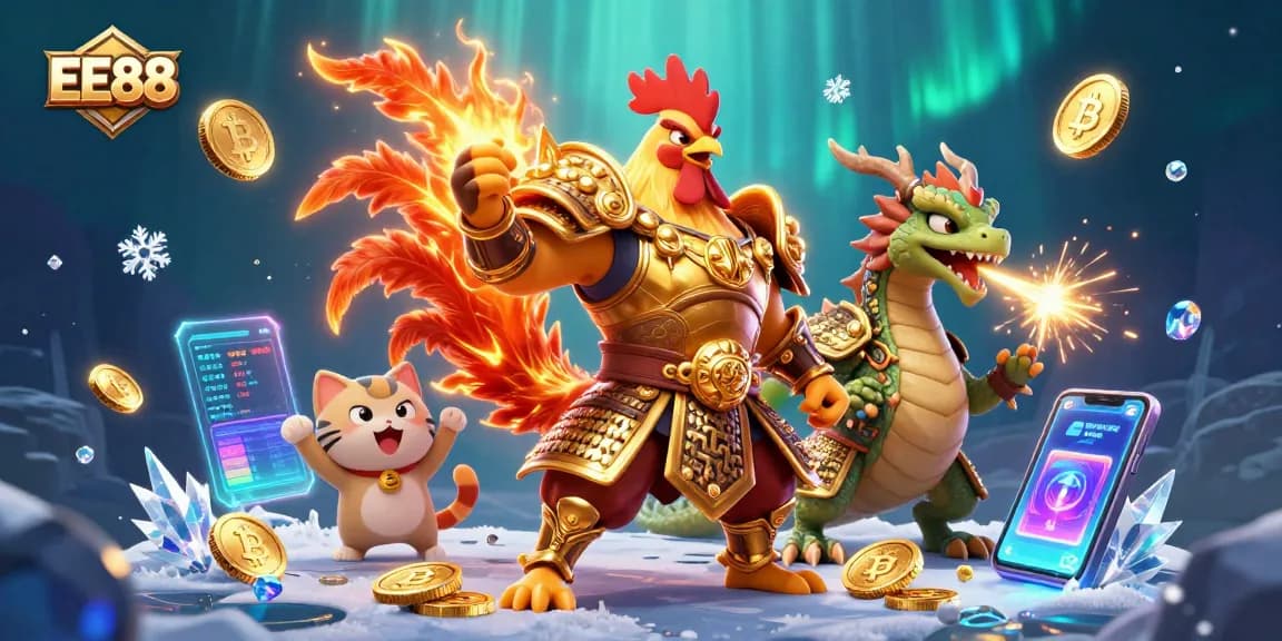 Engage in thrilling gaming with EE88 as a rooster warrior and a dragon hatchling bring luck and excitement.