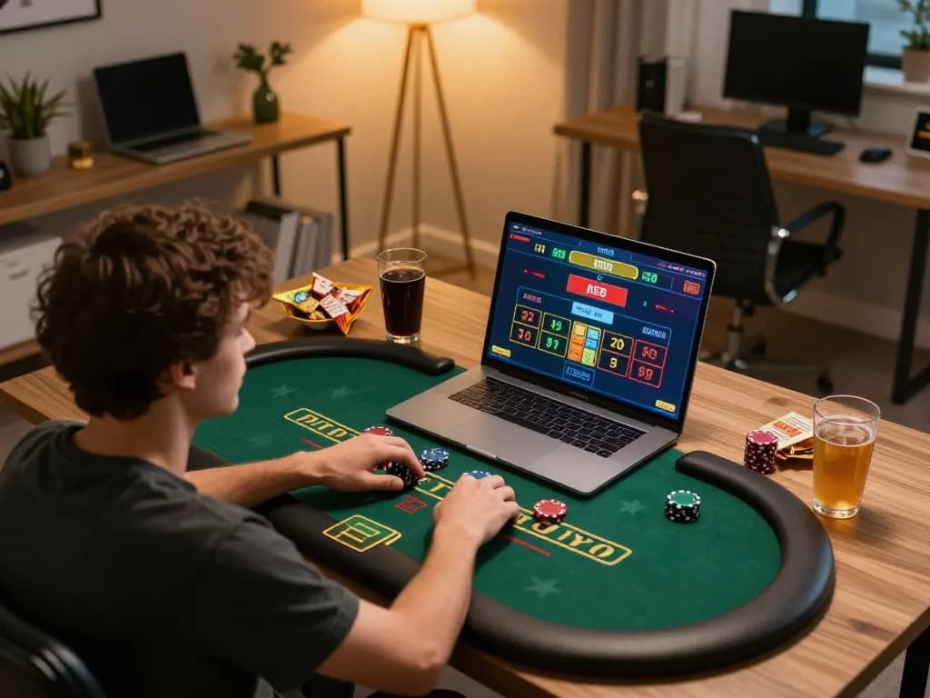 Engaged player using 789Win com for an online blackjack session in a cozy home setup.