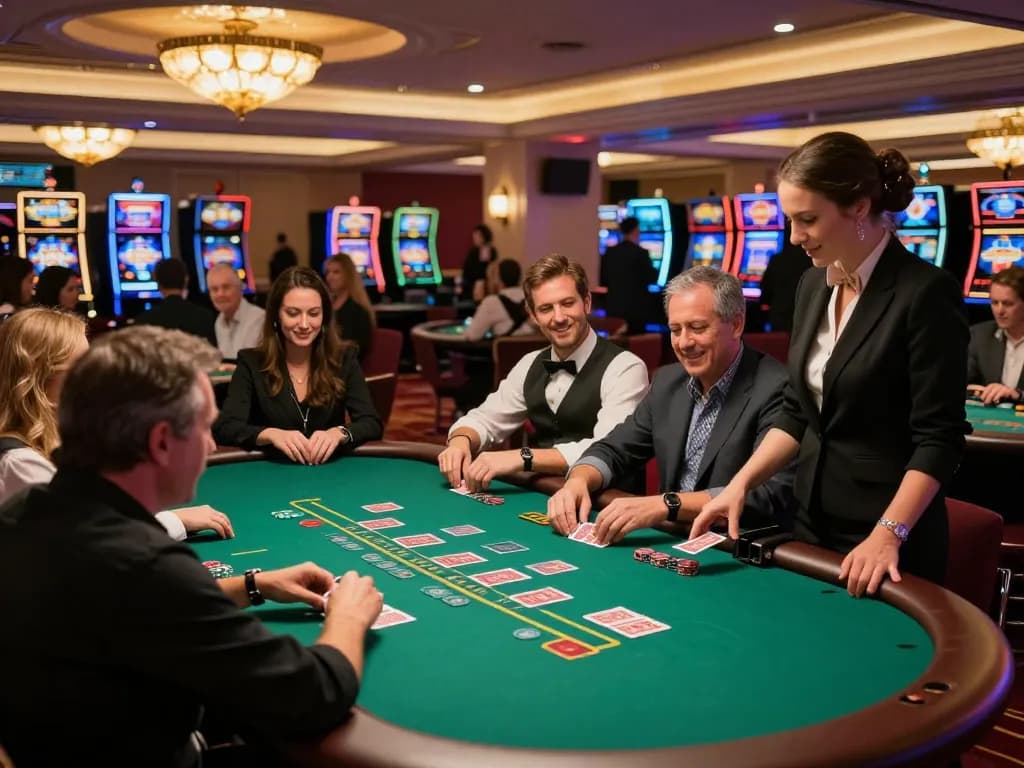 Players enjoying blackjack at a luxurious casino floor, emphasizing GO8's vibrant atmosphere and excitement.