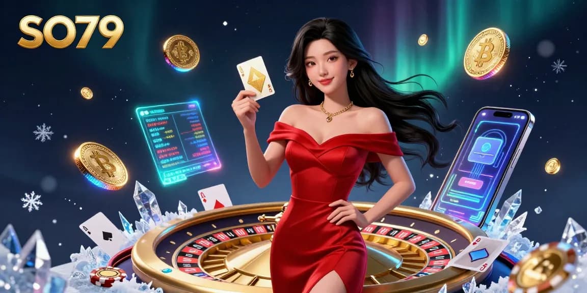 SO79 casino scene featuring a beautiful woman holding a playing card by a roulette wheel with crypto elements.