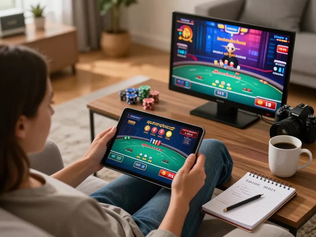 Engaging online gaming scene with sc88 poker gameplay on tablet, cozy home atmosphere
