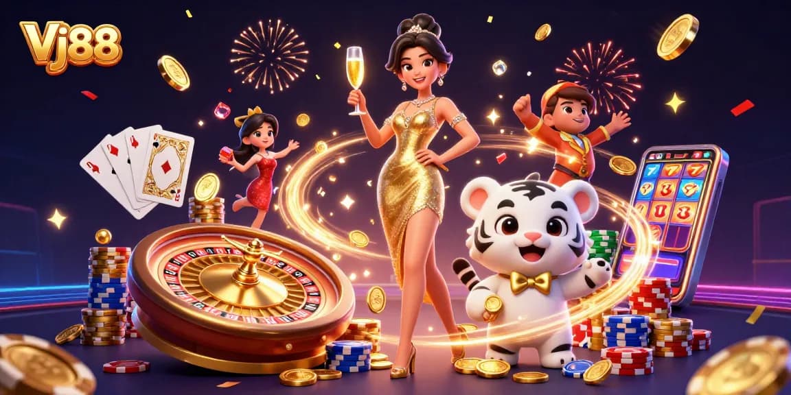 Engage in thrilling gameplay at Vj88 with captivating 3D graphics and lively casino elements.