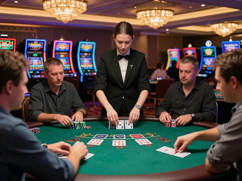 SC88 players enjoy intense blackjack game at a vibrant casino table with professional dealer