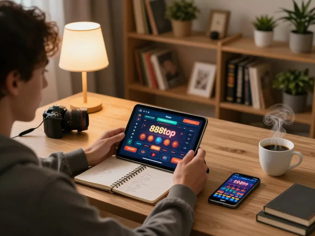 Player strategizing with 888top casino app on tablet and notes in cozy home office.