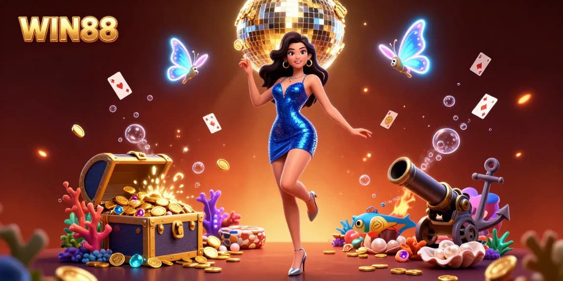 Experience exhilarating gaming at WIN88 with a dynamic scene featuring a glamorous dancer among vibrant casino elements.