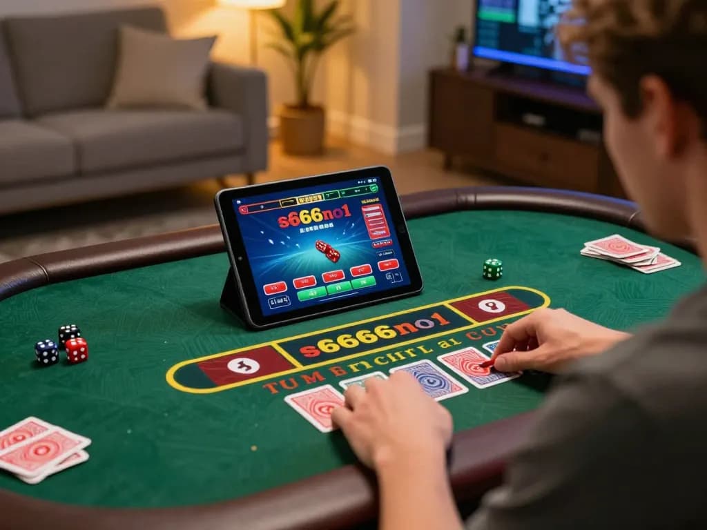 S666no1 player engaging in live dealer baccarat at home, showcasing strategic gambling.