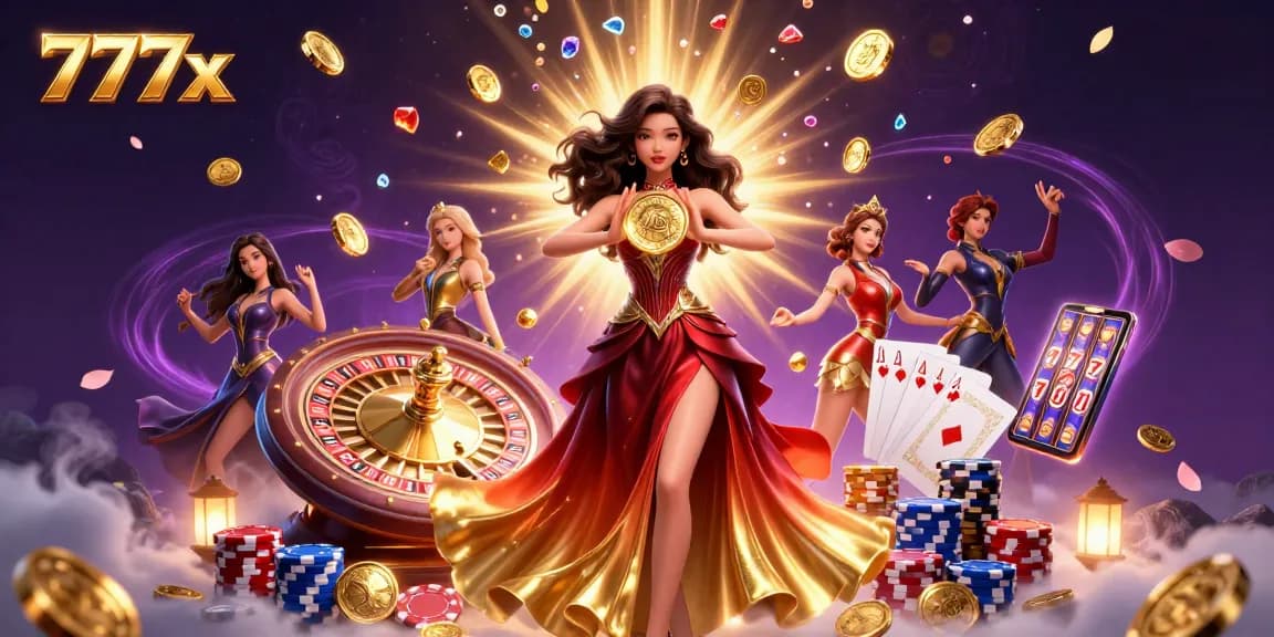 Experience the thrill of 777x with a spectacular scene showing an Asian woman in a gradient gown holding a golden coin amidst casino elements.