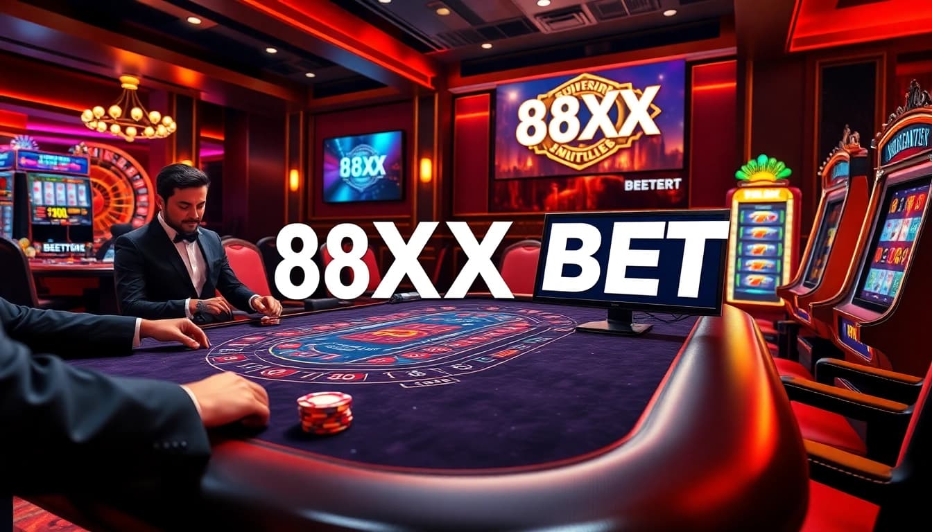 Experience the thrill of 88XX BET with a vibrant online casino showcasing a blackjack table and roulette wheel.