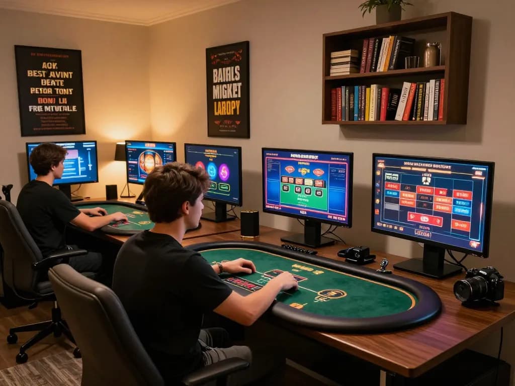 Engaging in online gambling strategies with DA88 on multiple screens in a modern home office.