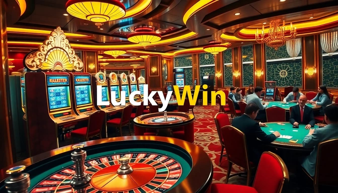Experience the thrill of winning at LuckyWin casino with vibrant slot machines and poker tables.