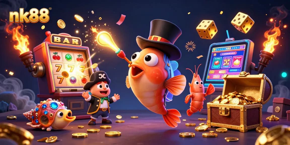 Play and win with nk88 at this vibrant 3D casino scene showcasing exciting game elements and characters.