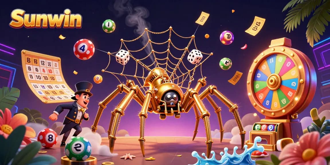 Engage with exciting games at Sunwin, featuring a vibrant scene of dynamic gambling elements and characters.